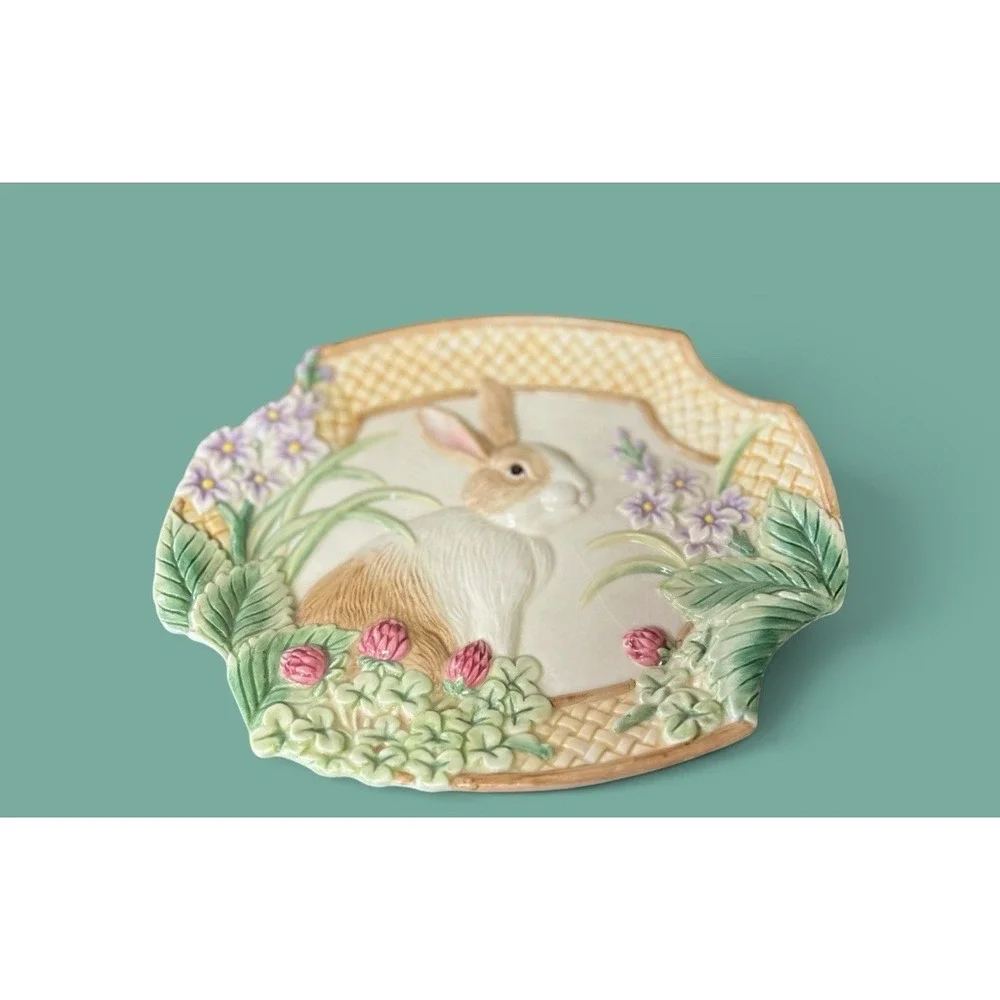 Fitz‎ & Floyd Essentials Botanical Bunny Rabbit Canape Plate Dish Bowl Embossed